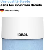 Close-up of a white curved device top with the IDEAL logo, above a blue mesh surface; French marketing text 'Une qualité élevée dans les moindres détails' and 'Made in Germany' visible.