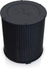 Circular black pleated air filter with '360° FILTER' embossed on the top, standing upright.