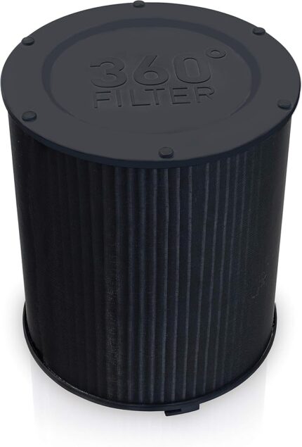 Circular black pleated air filter with '360° FILTER' embossed on the top, standing upright.