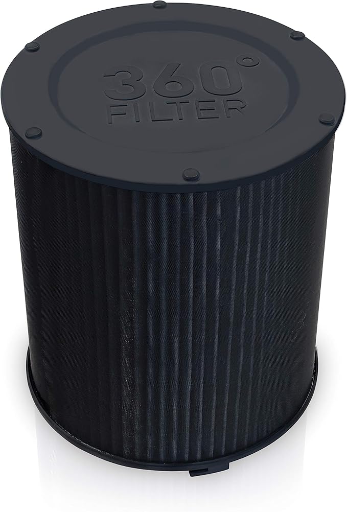 81izBGzmt3L_AC_SX679_ - NEVORIXT Circular black pleated air filter with '360° FILTER' embossed on the top, standing upright.