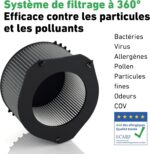 Circular 360° air filter for removing particles and pollutants (bacteria, viruses, allergens, pollen, fine particles, odors) with ECARF quality badge.
