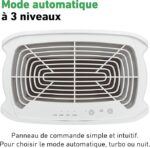 Appareil de chauffage/ventilation blanc avec grille frontale; mode automatique à 3 niveaux et panneau de commande simple et intuitif à l'avant, indiquant Auto, Night, Eco et Turbo