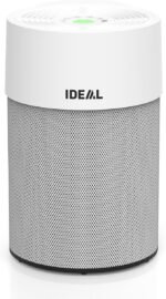 Tall white cylindrical air purifier with a perforated metal base and the IDEAL logo on the upper white housing; green indicator light on top.