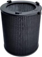 Round black pleated air filter with four locking clips on top.