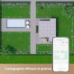 Aerial view of a property showing marked dashed boundary lines around grassy areas, a patio with seating and a pool, and a smartphone screen displaying a mapping app for efficient, precise cartography.