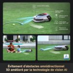 Lawn mower with AI 1080p camera and 360° LiDAR vision illustrating obstacle avoidance features on grass, French labels shown.