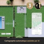 Aerial view of a landscaped yard with blue dashed AI mapping lines, stone patio seating, and a mobile app interface showing home automation controls; Alexa and Google Home logos visible; caption in French reads 'Cartographie automatique assistée par IA'.