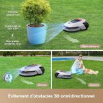 Tondeuse robotisée avec capteurs 3D évitant un pot de plante sur la pelouse.