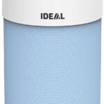 White cylindrical smart speaker with a white top and blue fabric mesh body, IDEAL logo on the side and circular top control buttons.