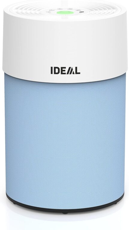White cylindrical smart speaker with a white top and blue fabric mesh body, IDEAL logo on the side and circular top control buttons.