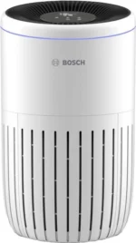 White Bosch air purifier, cylindrical tower with vertical slits and circular top vent.