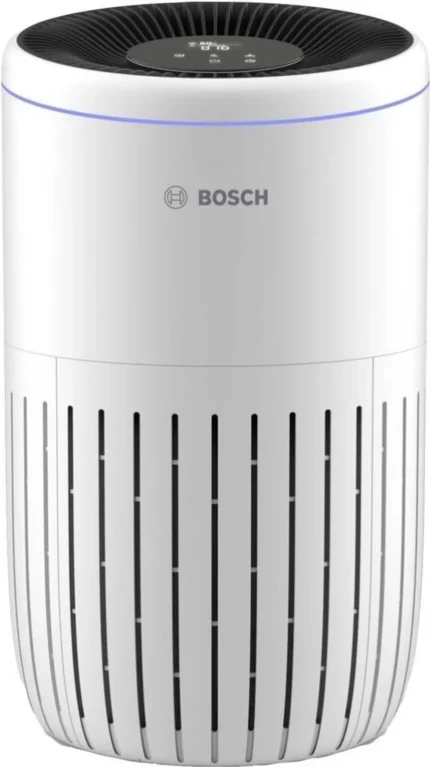 White Bosch air purifier, cylindrical tower with vertical slits and circular top vent.