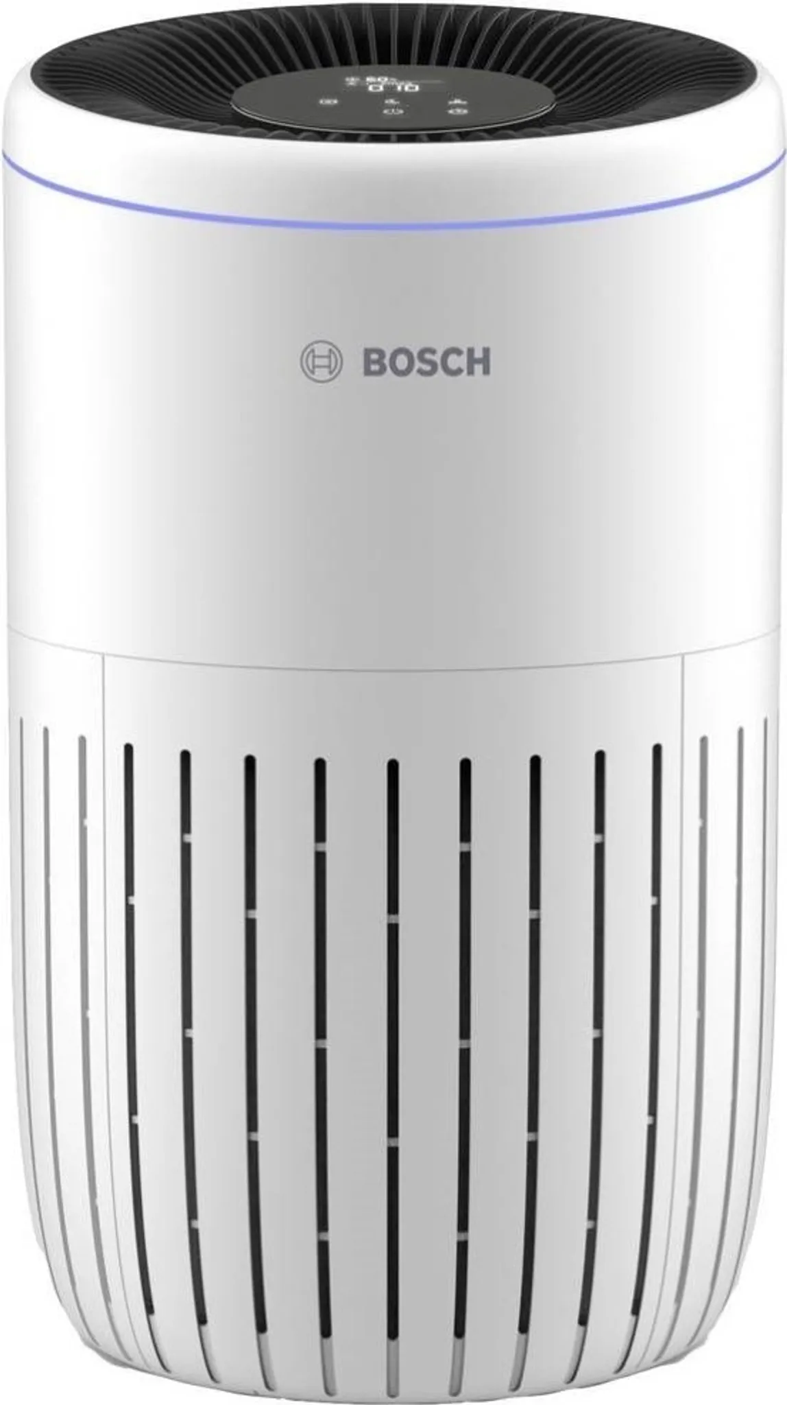 98cf64928693b32aec522382a2caec3c 3 - NEVORIXT White Bosch air purifier, cylindrical tower with vertical slits and circular top vent.