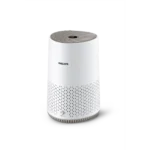 White Philips air purifier, cylindrical design with a perforated base for airflow and a circular top grille.