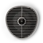 Circular table fan with protective metal grill and a dark central control panel showing a Wi‑Fi icon