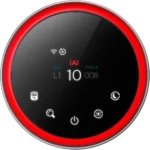 Circular air quality detector with a red alert ring; digital readout shows 'IAI' and the number 10 with PM2.5 indicators and several control icons at the bottom.