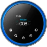 Round smart air quality monitor with a blue glowing ring, displaying PM2.5: 008 and several control icons around the edge.