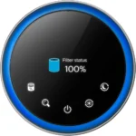 Round smart home device with a status screen showing 'Filter status 100%' and a blue ring; icons along the bottom indicate controls such as search, power, and settings.