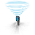 Blue vortex tornado rising from a metallic turbine on a brushed base.