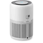 White cylindrical air purifier with a perforated lower vent and a circular top display; brand label AeraSense visible on front.