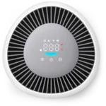 Bladeless desk fan with a circular design and a central digital display with touch controls.