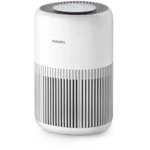 Philips white cylindrical air purifier with vertical slats around the lower half and a digital top display.