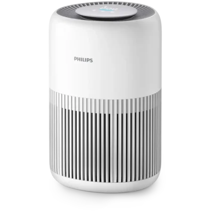 Philips white cylindrical air purifier with vertical slats around the lower half and a digital top display.