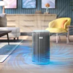 Philips air purifier emitting blue light with swirling air in a contemporary living room.