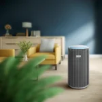 Tall cylindrical air purifier with black vertical stripes in a modern living room setting, on a light wooden floor near a yellow sofa.