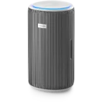 Philips cylindrical air purifier with black vertical slats and a blue LED ring at the top
