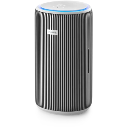 Philips cylindrical air purifier with black vertical slats and a blue LED ring at the top