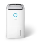 White Philips air purifier with a blue circular ring on the front and a control panel on top end.