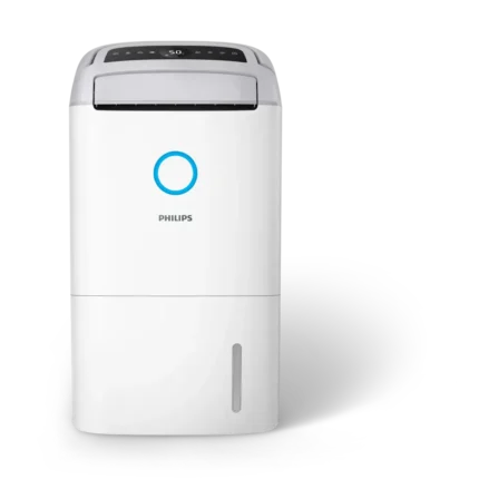 White Philips air purifier with a blue circular ring on the front and a control panel on top end.