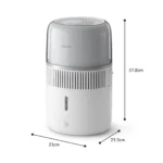 Philips NanoCloud humidifier with a transparent dome water tank, standing white cylindrical base (37.8 cm tall, 23 cm square footprint).