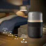 Philips 5000 Series sleep-mode device on a nightstand with a glowing band, beside a bedroom scene and a noise-level curve from 60 dB to 12 dB