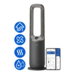 Tall, dark gray Philips air purifier with a curved top and digital display, shown next to a smartphone displaying its app.