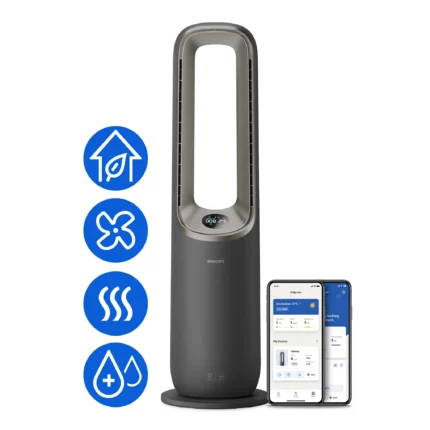 Tall, dark gray Philips air purifier with a curved top and digital display, shown next to a smartphone displaying its app.