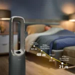 Front view of a Philips air purifier in a softly lit room, with a noise-level diagram showing decibels (30–60 dB) and mode labels overlaid.