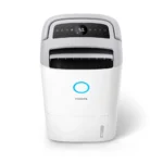 Portable evaporative cooler with front grille, control panel, and blue ring logo on white body.