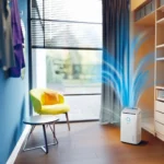 White compact air purifier on a wooden floor in a bright room, emitting blue airflow waves near a yellow chair and large window.