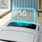 White humidifier with a blue holographic display showing 50% humidity and mode icons.