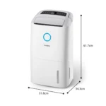 White Philips dehumidifier with a blue circular indicator, showing a compact floor-standing unit; dimensions: 61.7 cm tall, base 31.8 × 34.3 cm; water tank visible at bottom right.