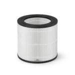 Cylindrical pleated air filter with black end rings, white pleated insert designed for HVAC or purifier use for clean air.
