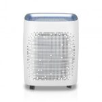 White portable air purifier with a perforated front grille, blue top panel, and small wheels.