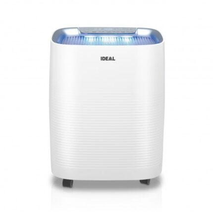 White portable air purifier with a blue-lit control panel on top, standing on a white background.