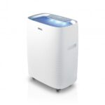 White portable air purifier with a blue illuminated top panel on wheels, brand IDEAL visible on the front.