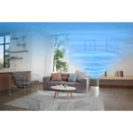 Living room with a purple sofa and blue airflow waves coming from a smart air purifier on the floor.