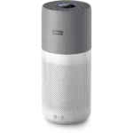 Philips tall cylindrical air purifier with grey fabric top and perforated white base.