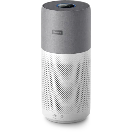 Philips tall cylindrical air purifier with grey fabric top and perforated white base.