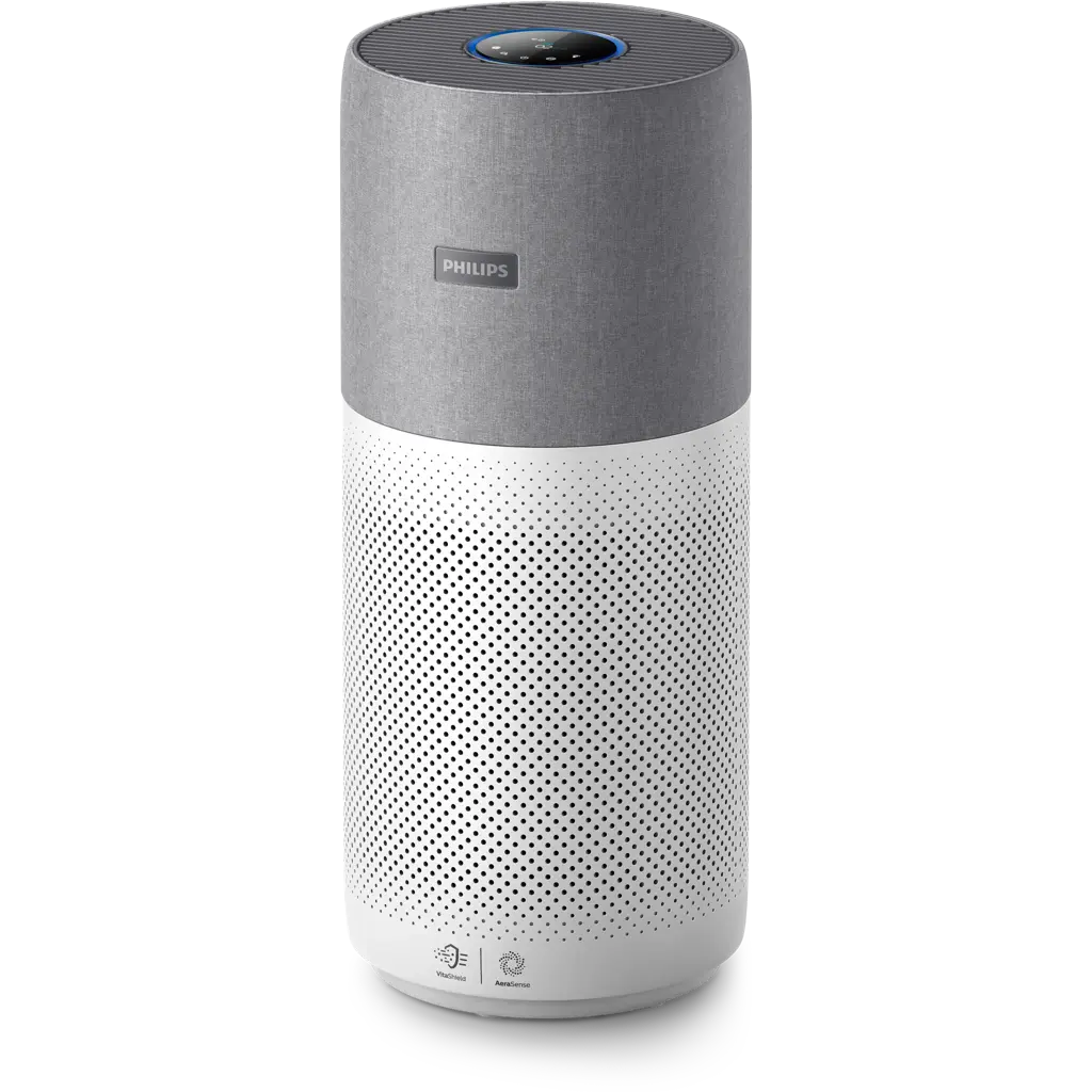 Standard-Product-Photo-Philips-Series-4000i-Air-Purifier - NEVORIXT Philips tall cylindrical air purifier with grey fabric top and perforated white base.